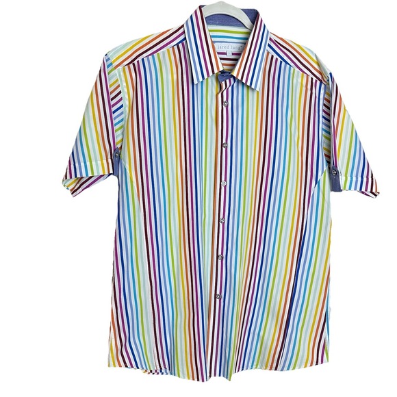 Jared Lang Short Sleeve Large Rainbow Striped Button Up 100%  Luxury Cotton Sz L - Picture 1 of 9